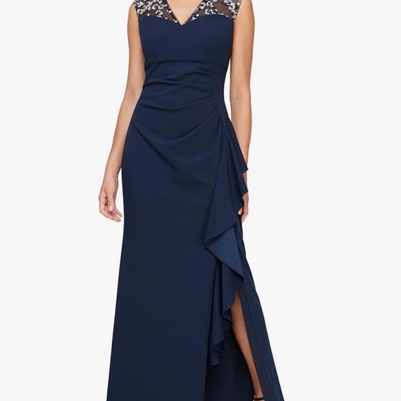 alex evenings women's cold shoulder popover dress Alex Evenings Cold Shoulder Popover Gown, Size 6, Navy main image 1